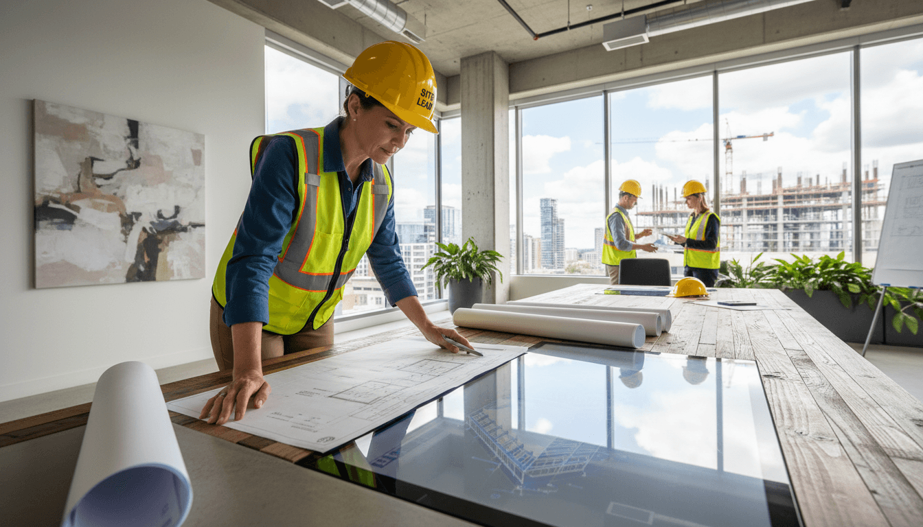 Construction manager reviewing project blueprints in a bright office